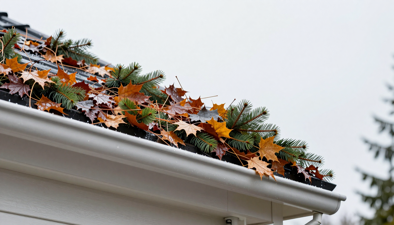 Clearing wet leaf debris from a Portland home's gutters