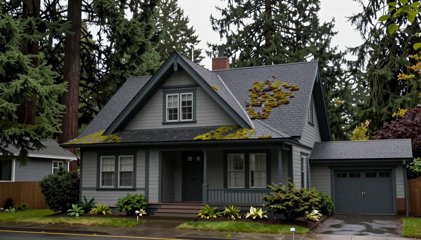 Portland home with a moss-patched roof, ready for a before-and-after transformation