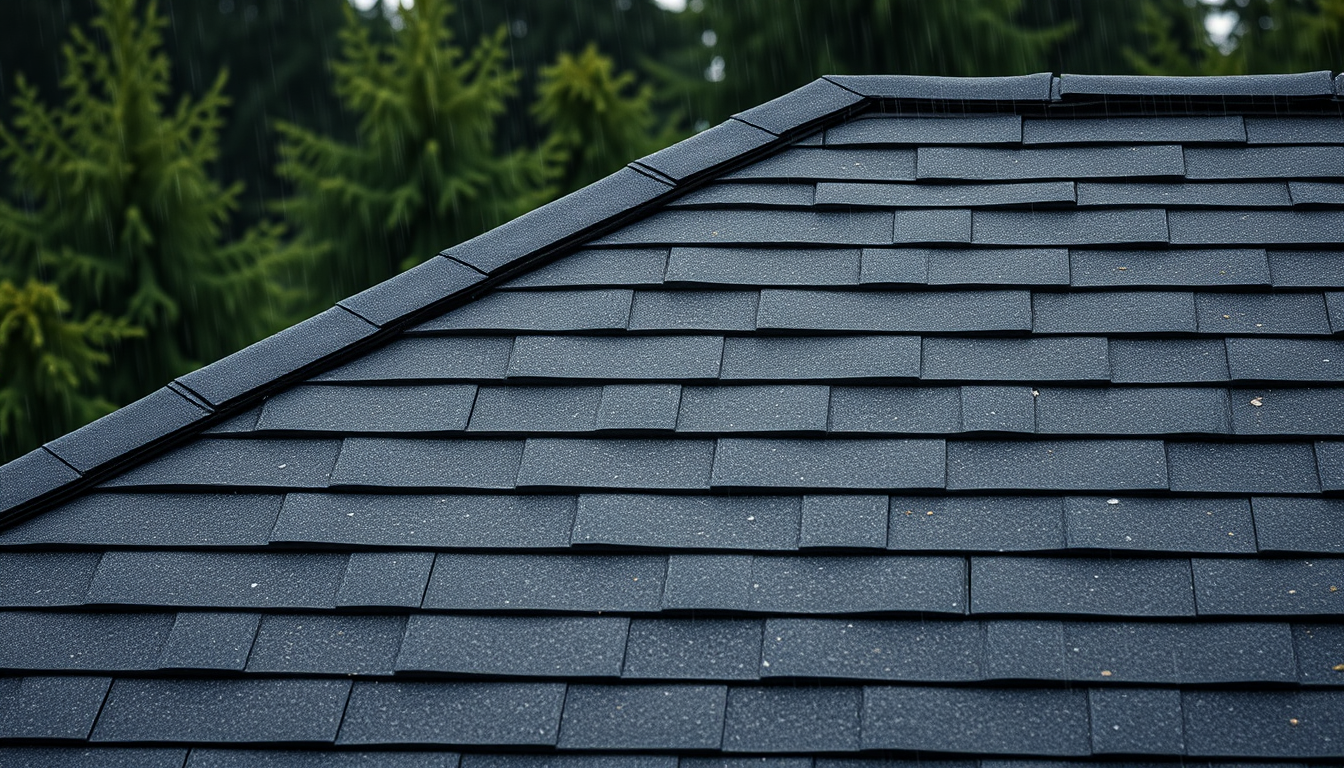 Rain sheeting cleanly off a dark, well-maintained shingle roof