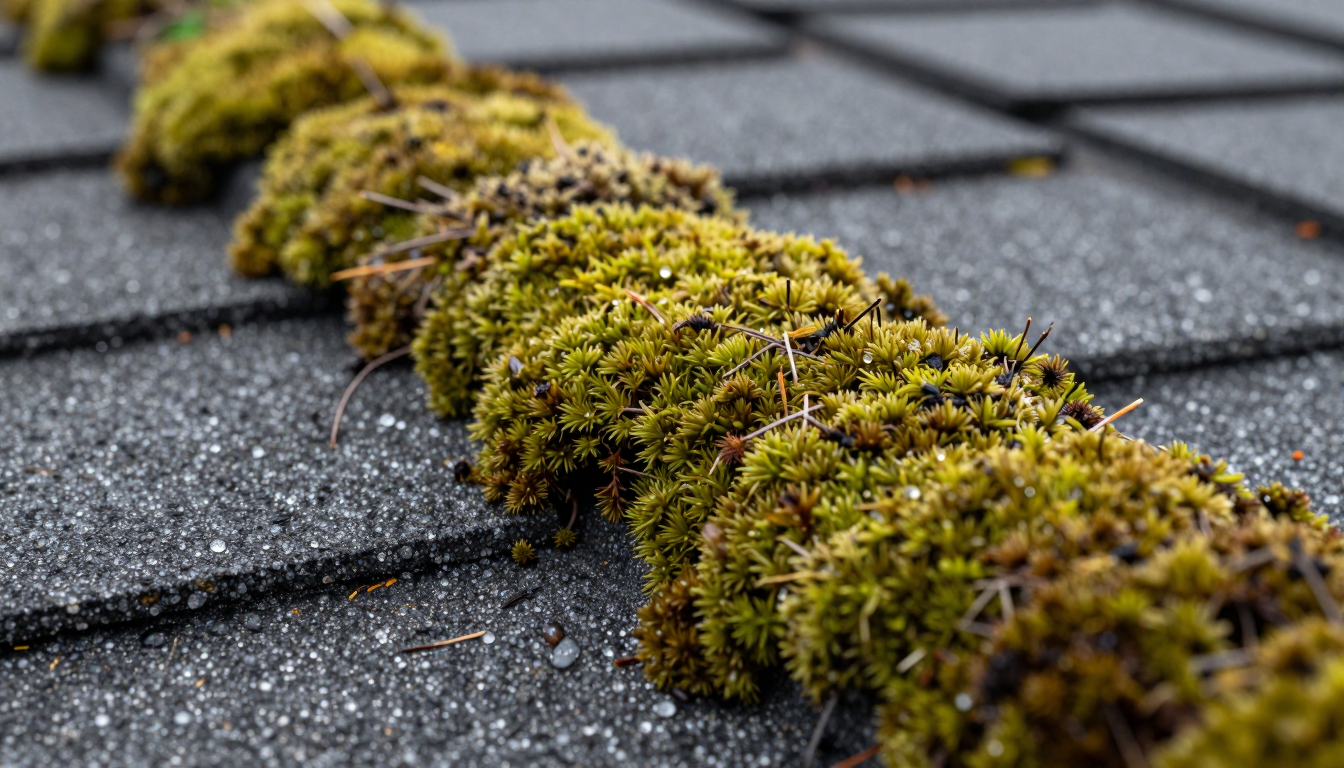 Moss-covered Portland composition-shingle roof mid eco-friendly treatment