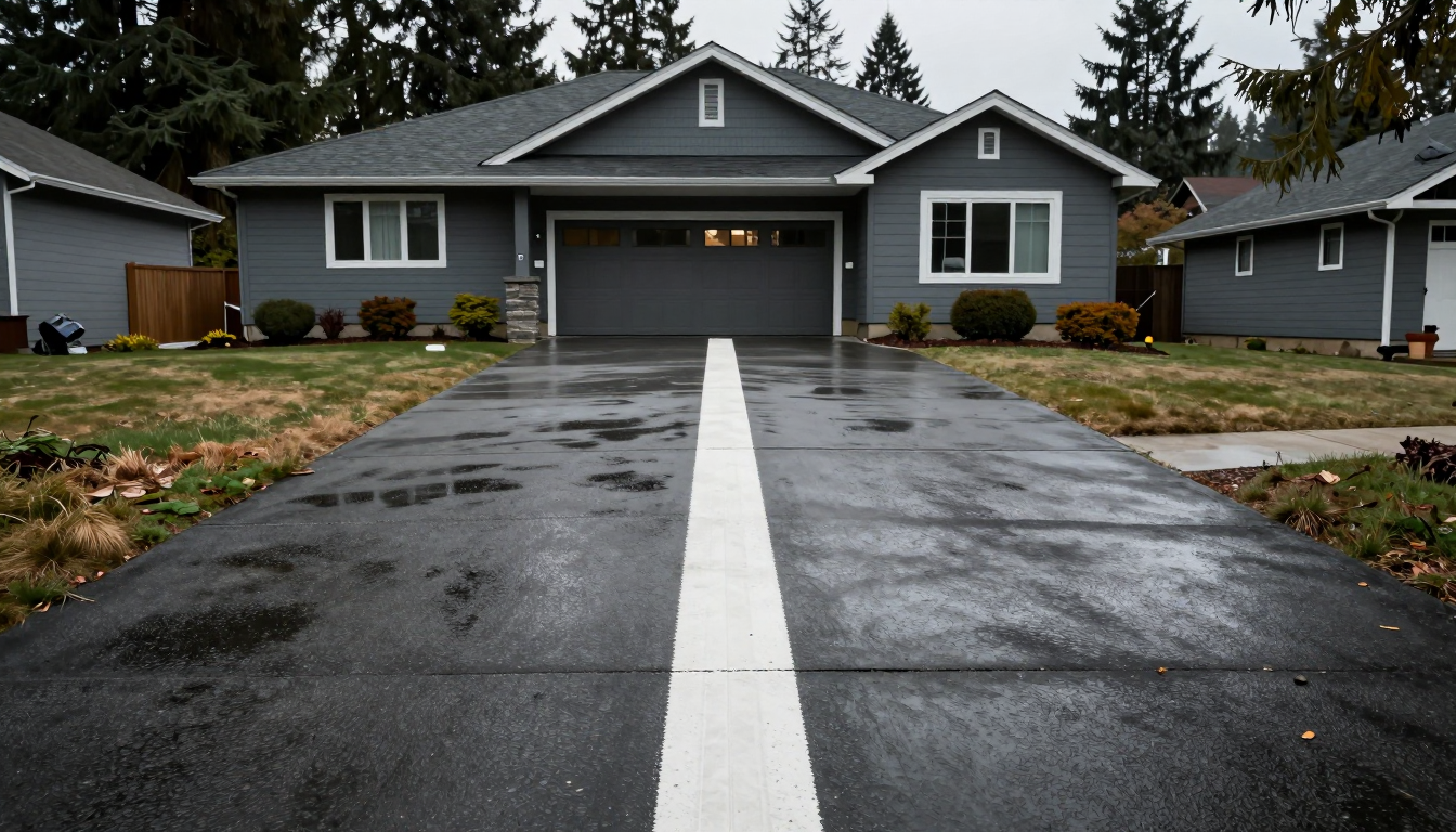 Pressure washing a concrete driveway clean at a Portland home