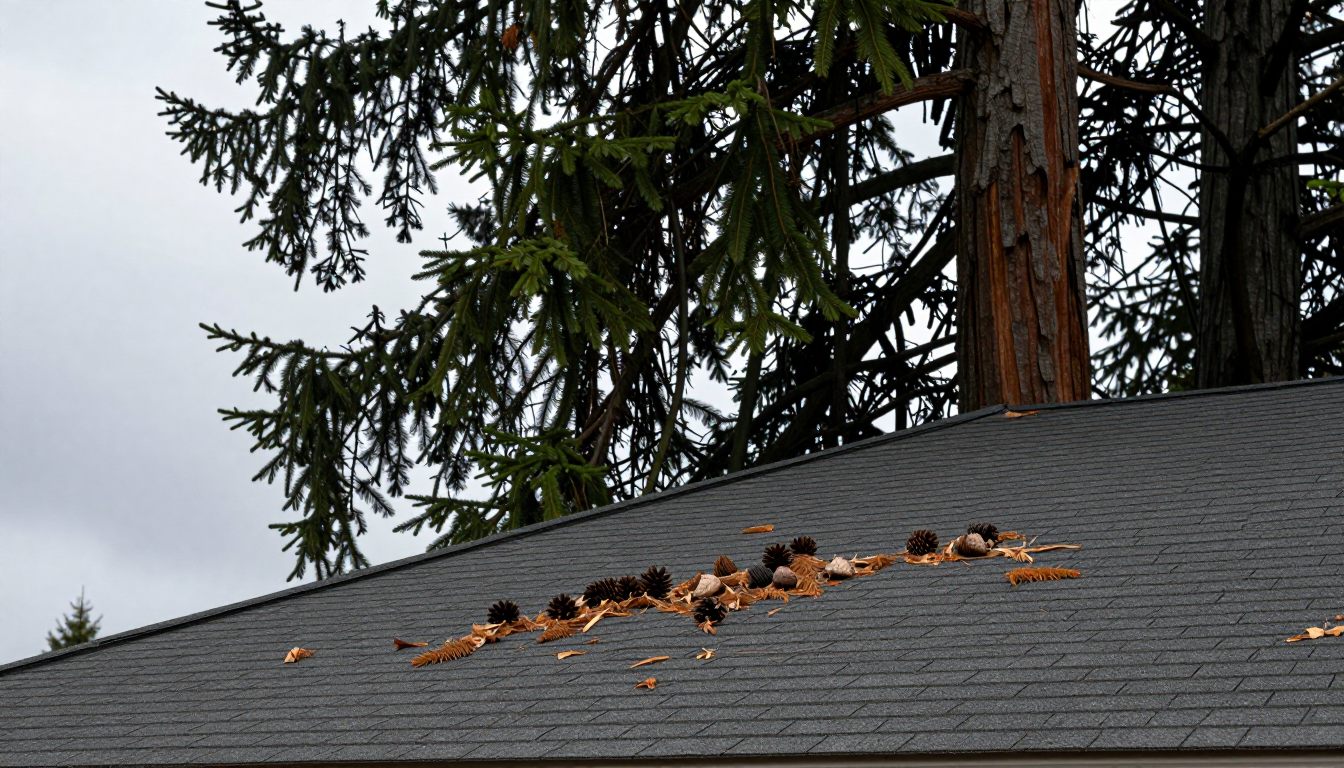Overhanging tree limbs trimmed back from a moss-prone Portland roof