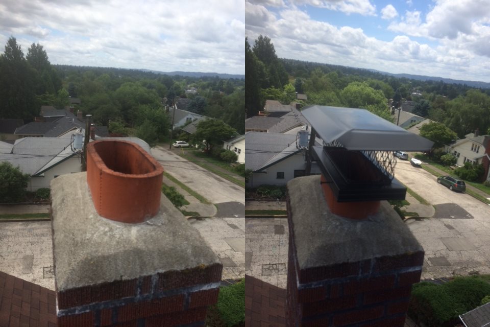Before-and-after chimney cap installation on a Portland home, closing off an open flue to keep rain out