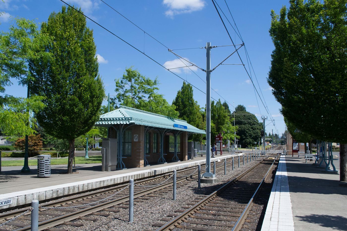 Gresham City Hall MAX Station on TriMet's Blue Line — the transit stop that anchors Gresham's civic core and connects Rockwood to downtown Portland