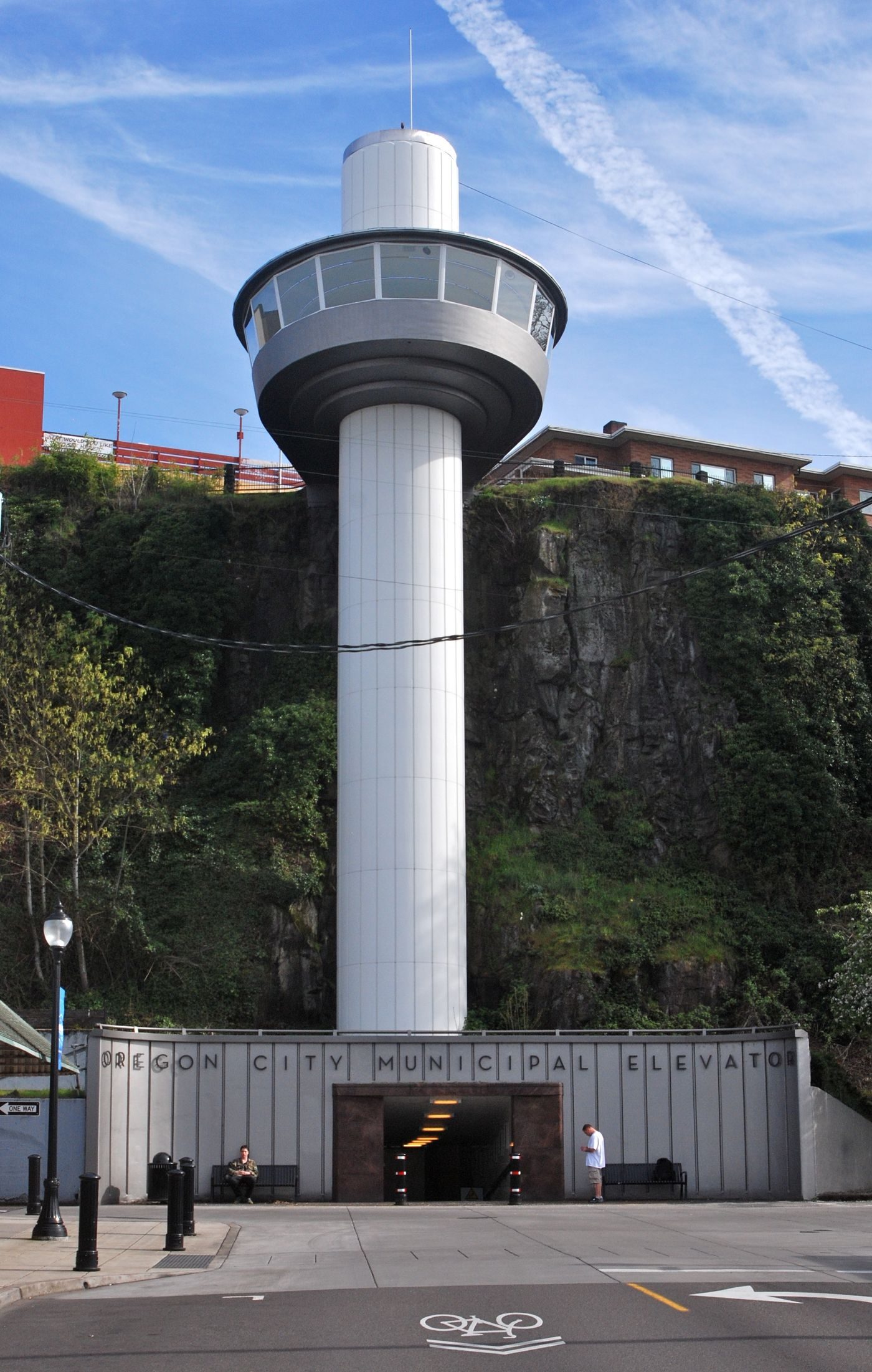 The Oregon City Municipal Elevator (1915/1952), the National Register-listed outdoor elevator connecting downtown Oregon City to the McLoughlin bluff neighborhood