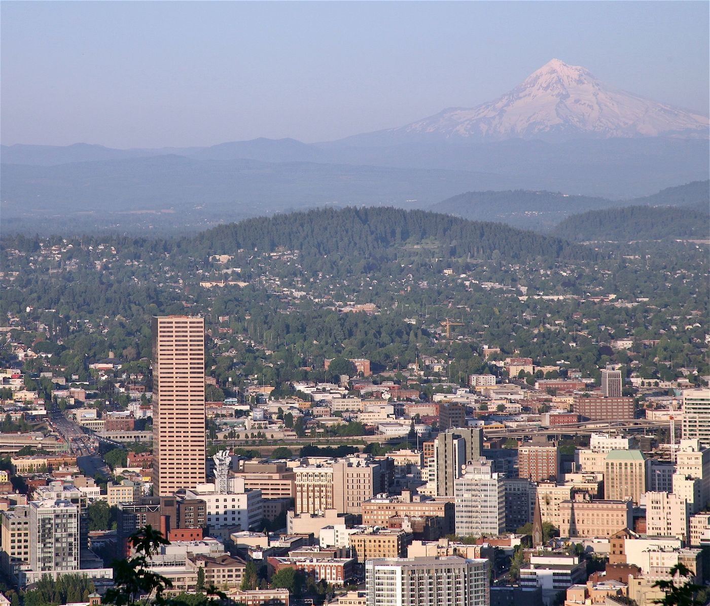 View from Mount Tabor Park — Portland's extinct volcanic cinder cone inside the city limits — looking east across the tree-canopied city toward Mount Hood, with the US Bancorp Tower visible at lower left.
