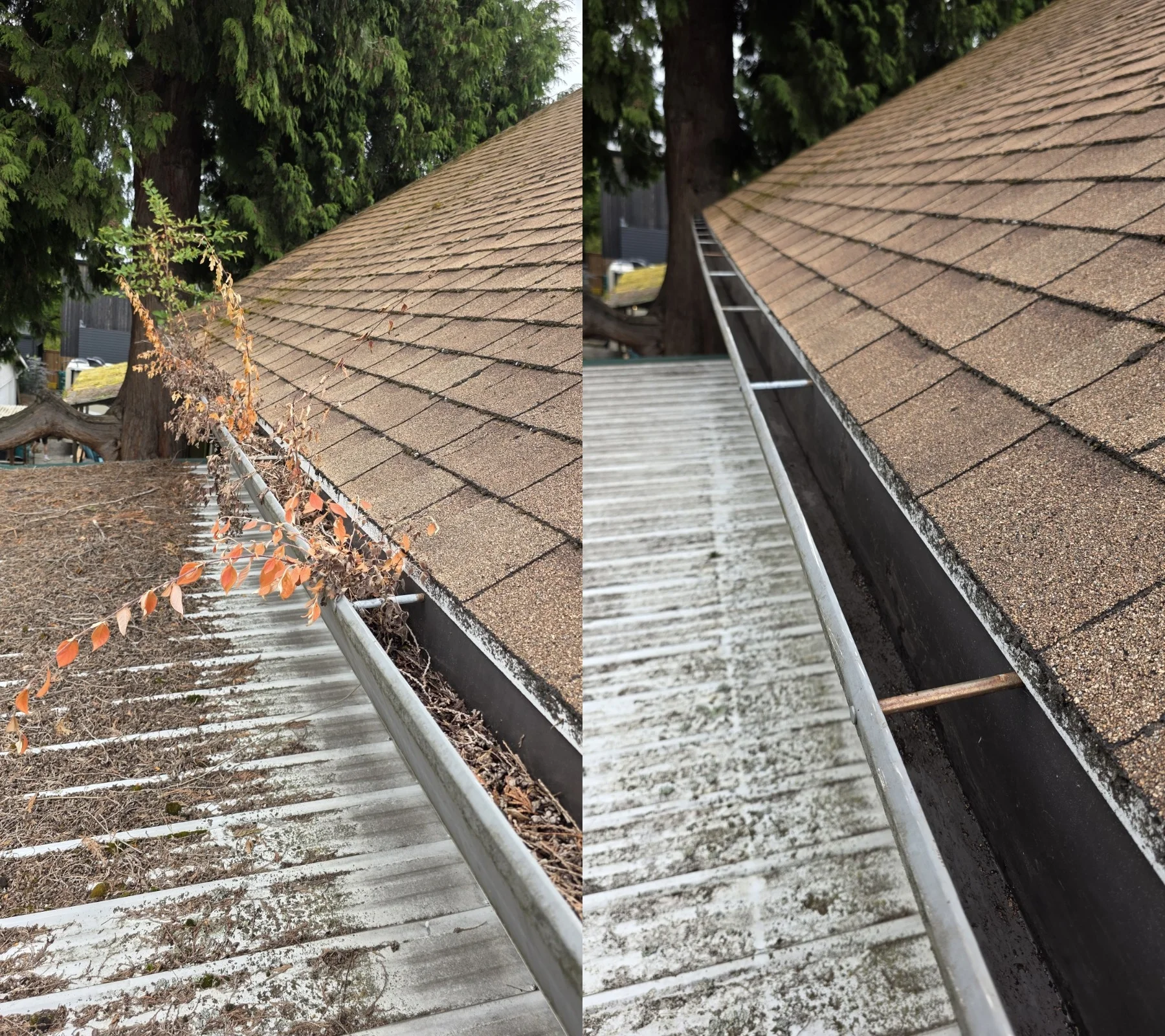 Before-and-after of a Portland gutter cleaned and restored by JNR Industries